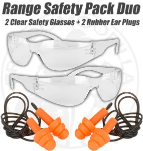 Range Safety Pack Duo - 2 Clear Safety Glasses   2 Rubber Ear Plugs Corded