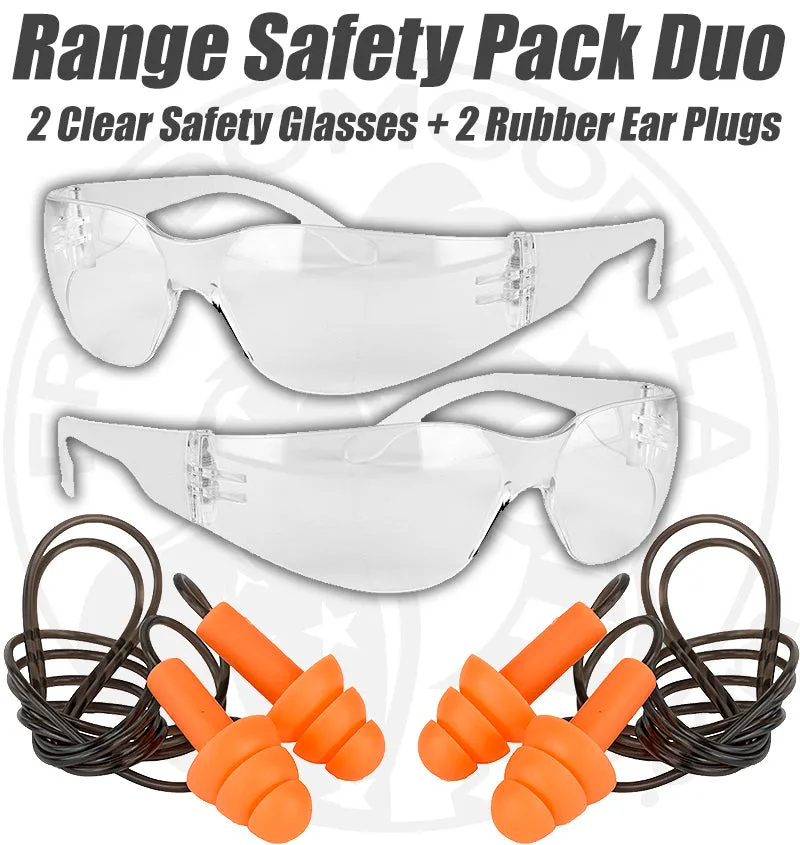 Range Safety Pack Duo - 2 Clear Safety Glasses   2 Rubber Ear Plugs Corded