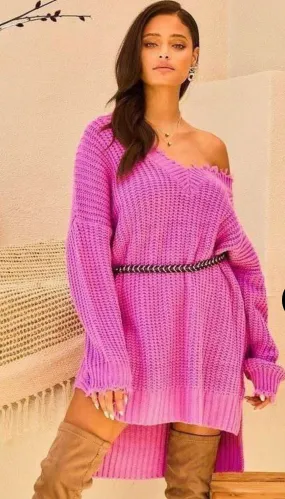 Raspberry V Neck High Low Sweater