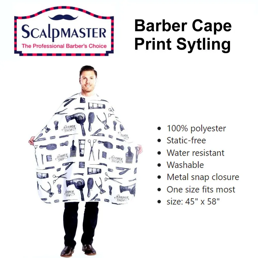 ScalpMaster Cape, White with Barber Tools Print Styling Barber Cape (4132)