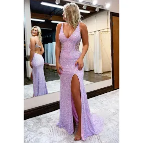 Sexy V-neck Beads High Split Sparkly Prom Dress with Slit
