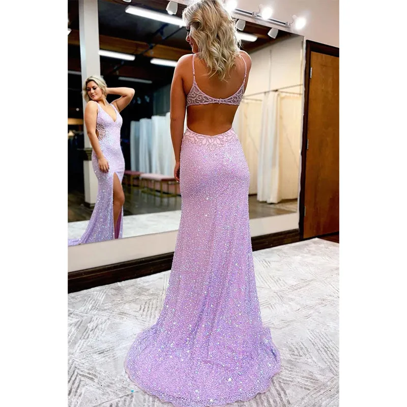 Sexy V-neck Beads High Split Sparkly Prom Dress with Slit