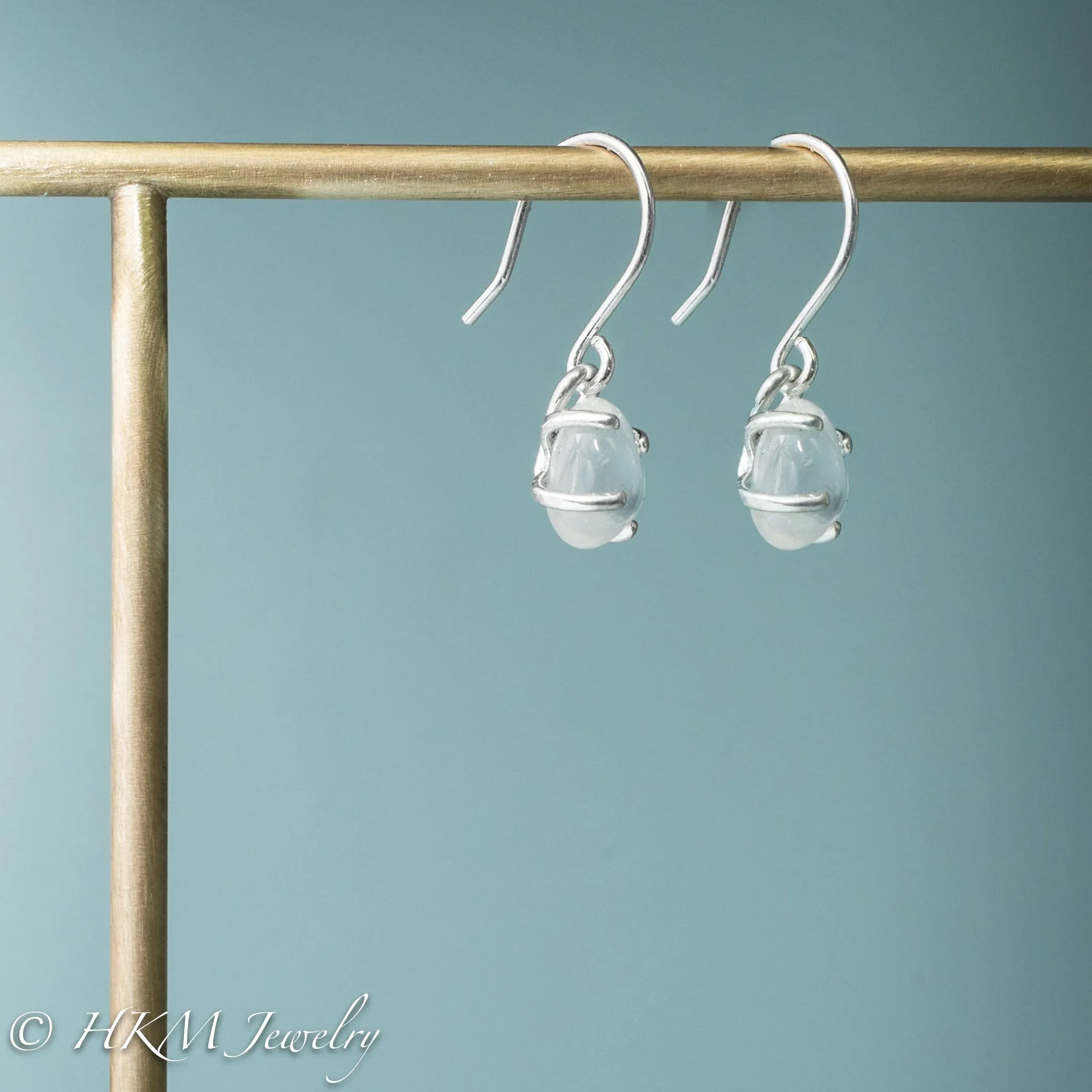 Silver Cape May Diamond Dangles - Prong Set Tumbled Beach Stone Hook Earrings