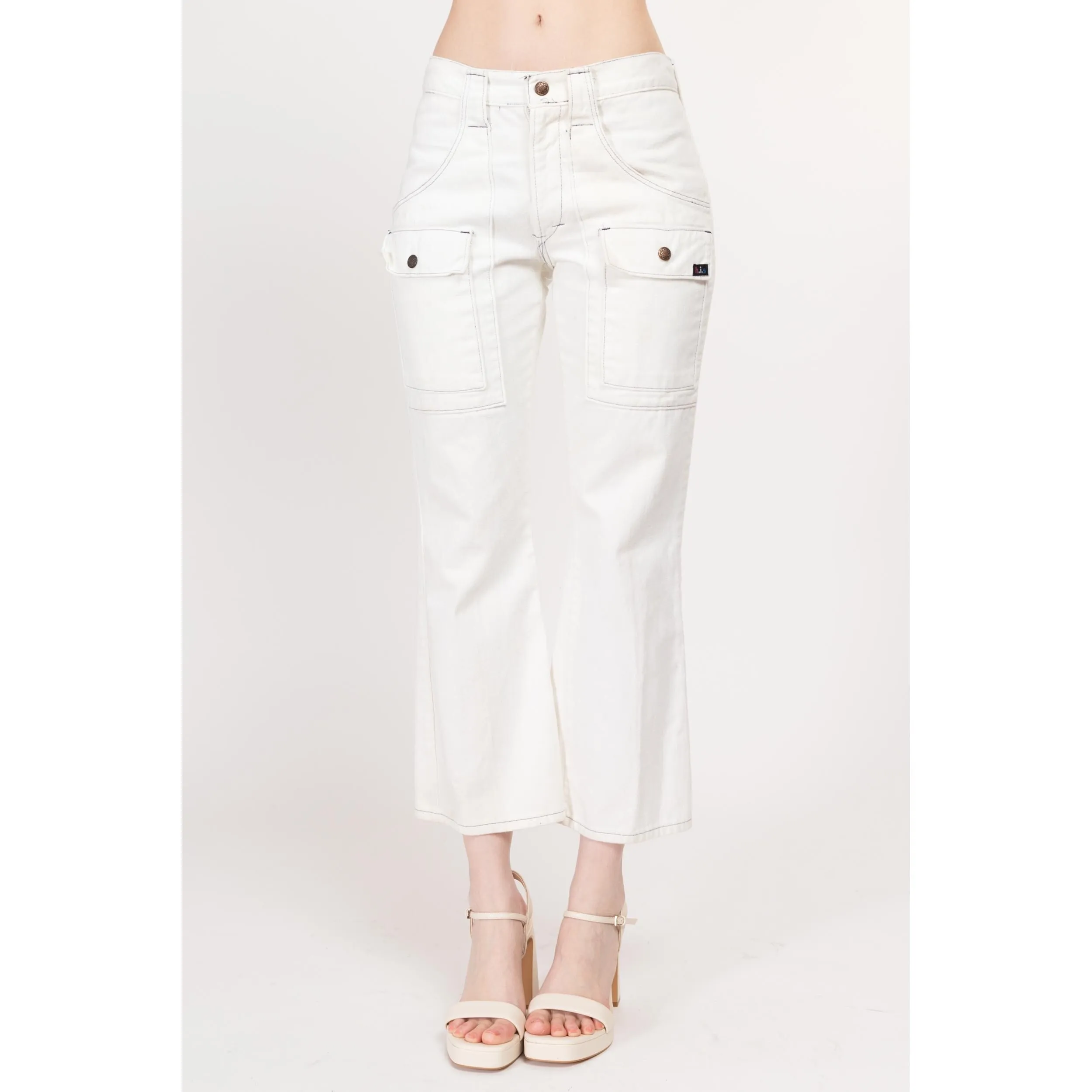 Small 70s H.I.S. White Mid Rise Flared Cargo Pants