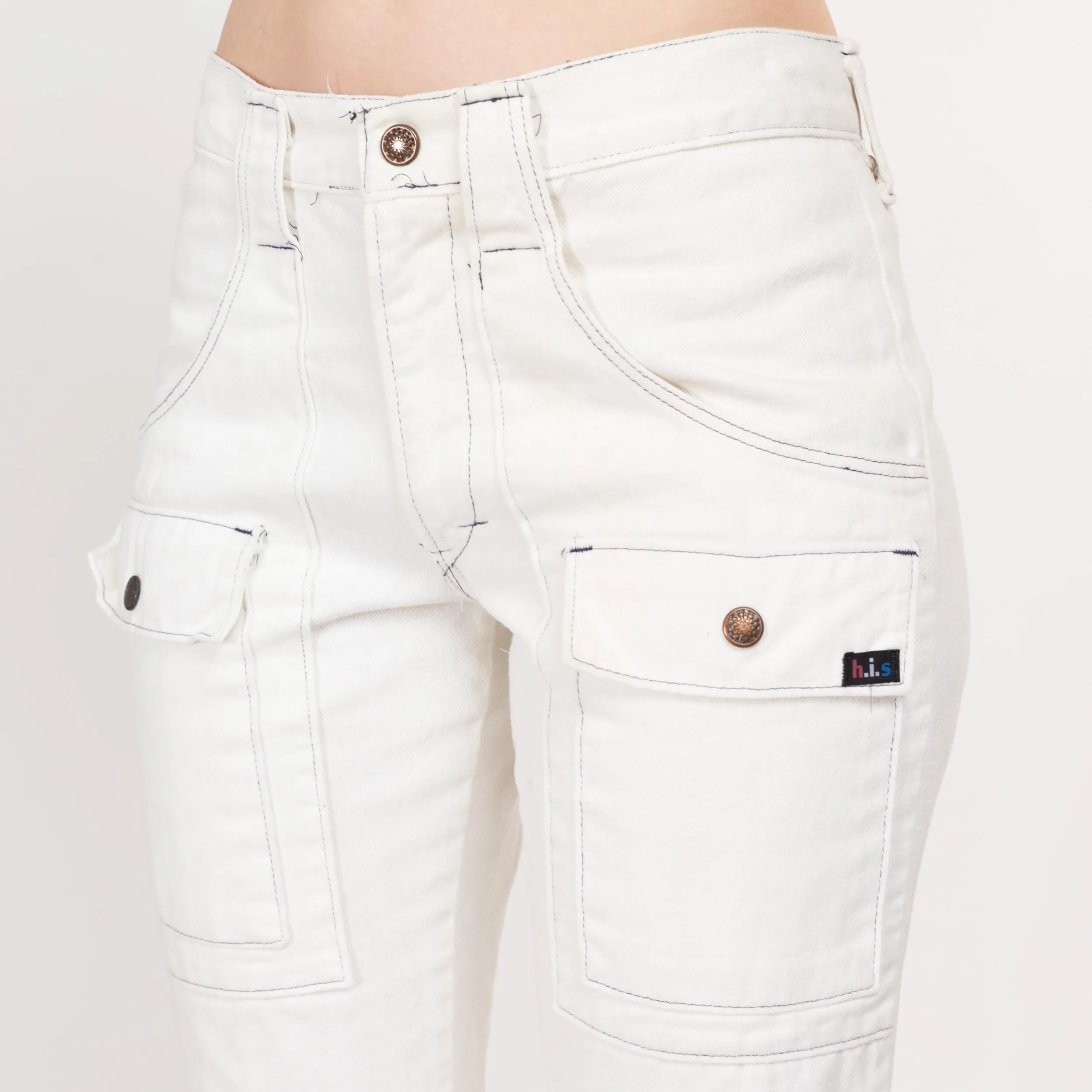 Small 70s H.I.S. White Mid Rise Flared Cargo Pants