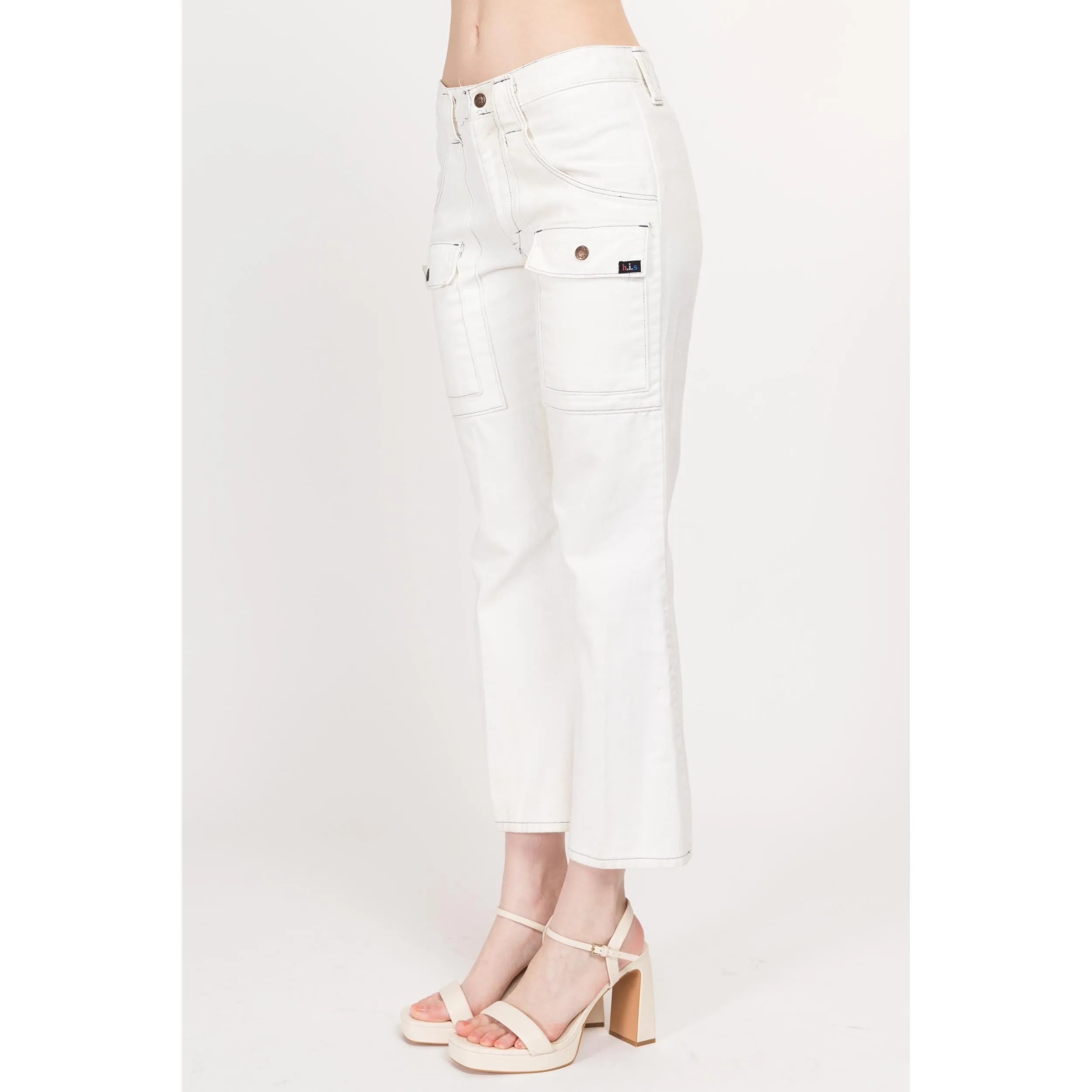 Small 70s H.I.S. White Mid Rise Flared Cargo Pants