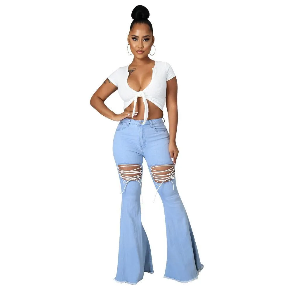Solid Color Casual Wash Bandage Denim Flared Pants