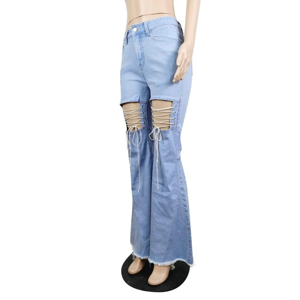 Solid Color Casual Wash Bandage Denim Flared Pants
