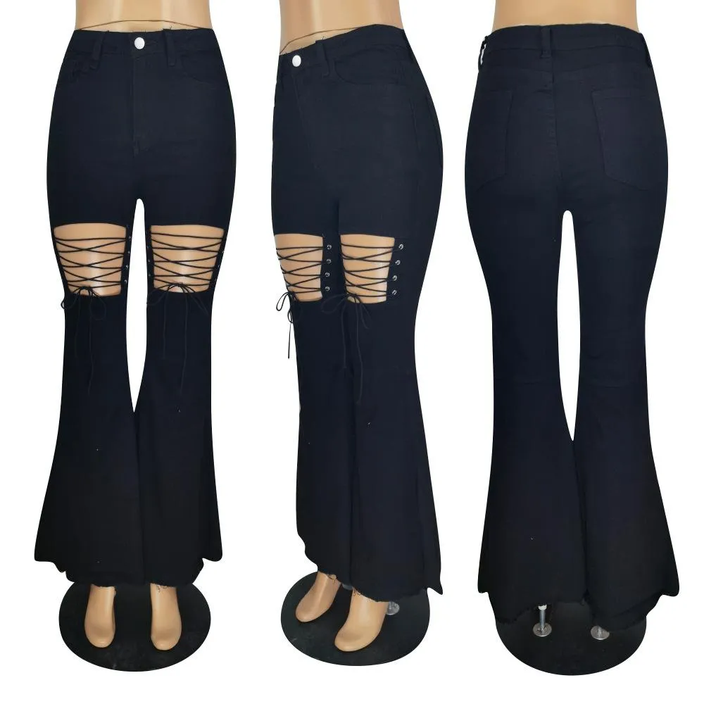 Solid Color Casual Wash Bandage Denim Flared Pants