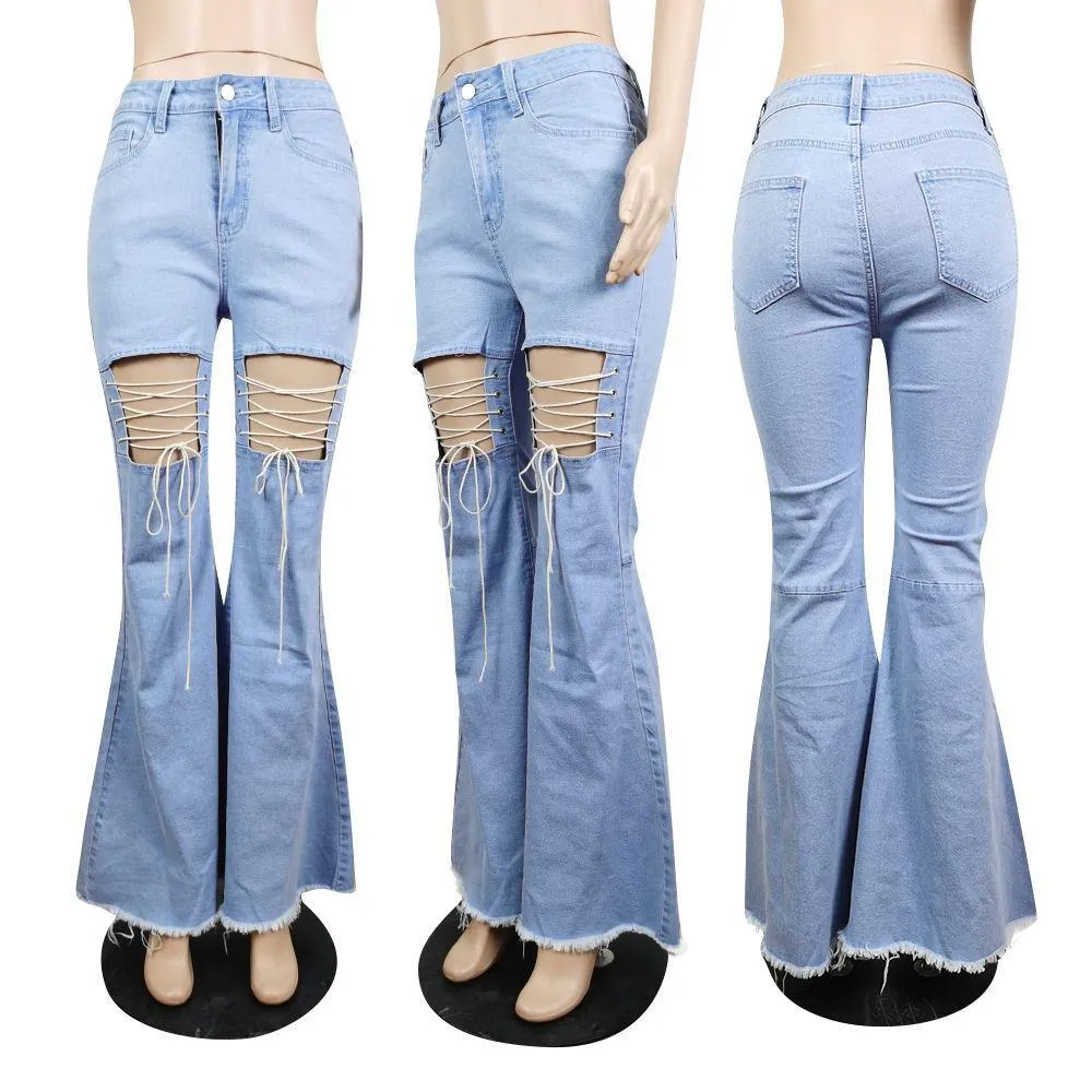 Solid Color Casual Wash Bandage Denim Flared Pants