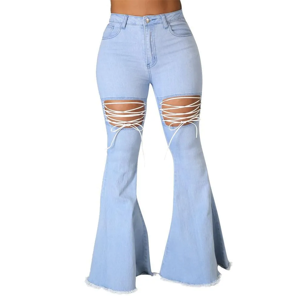 Solid Color Casual Wash Bandage Denim Flared Pants