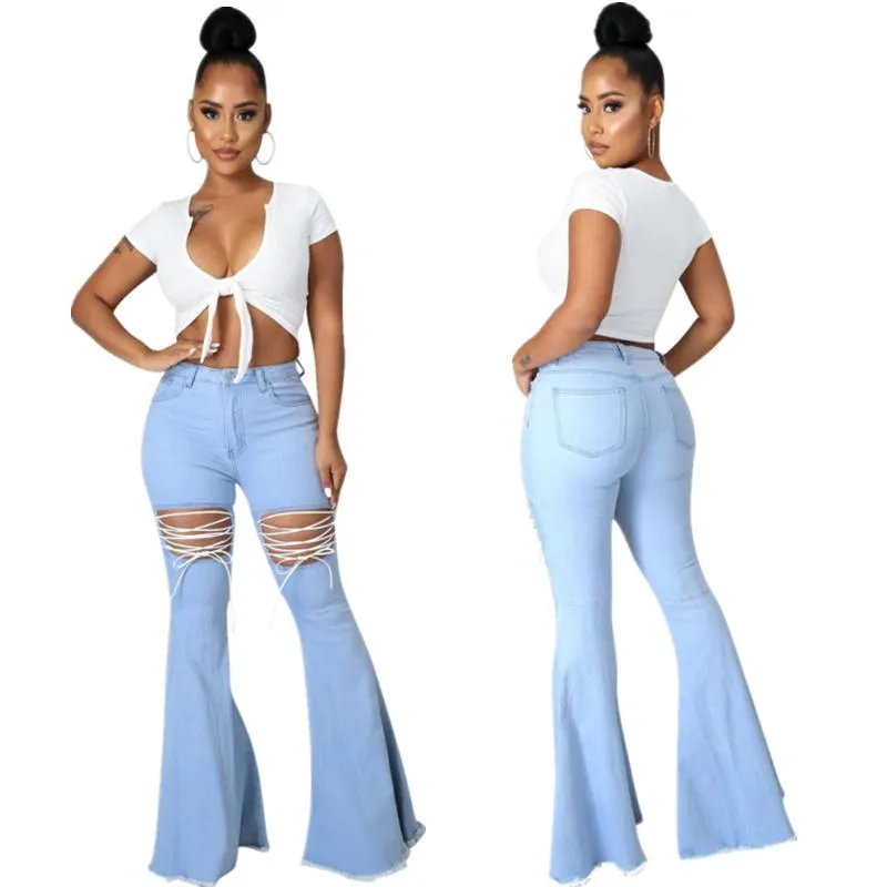 Solid Color Casual Wash Bandage Denim Flared Pants