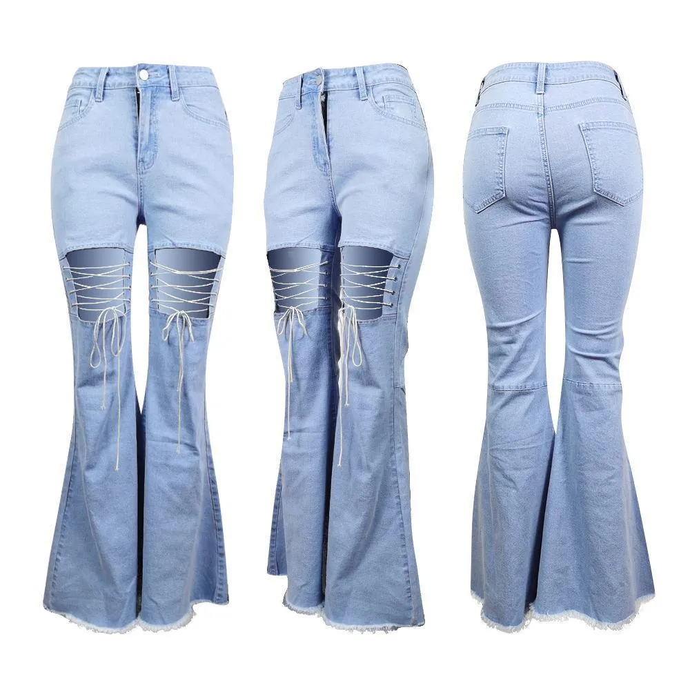 Solid Color Casual Wash Bandage Denim Flared Pants