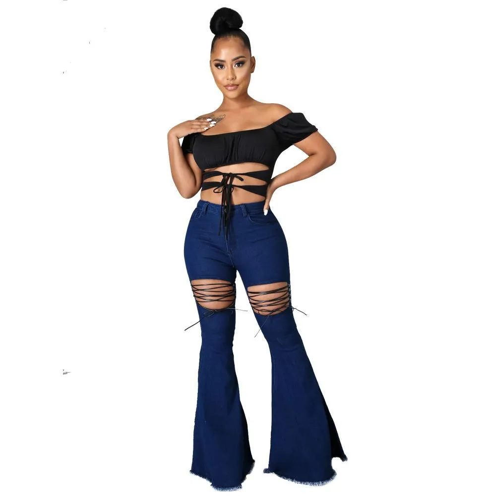 Solid Color Casual Wash Bandage Denim Flared Pants