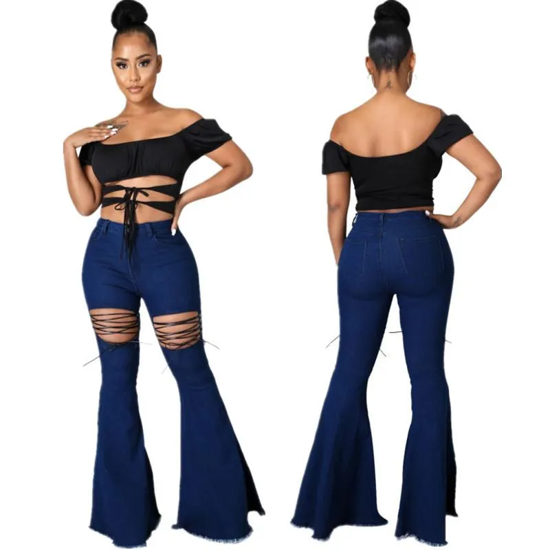 Solid Color Casual Wash Bandage Denim Flared Pants