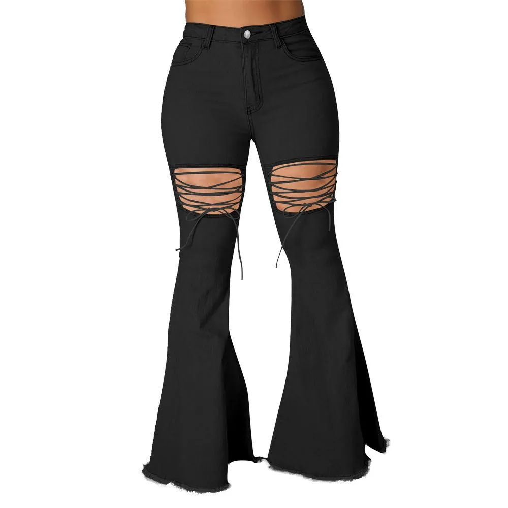Solid Color Casual Wash Bandage Denim Flared Pants