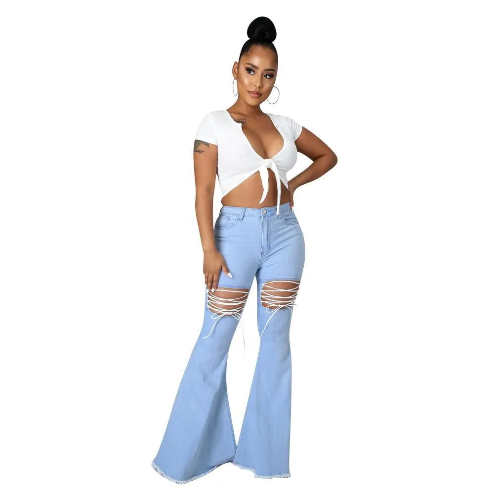 Solid Color Casual Wash Bandage Denim Flared Pants