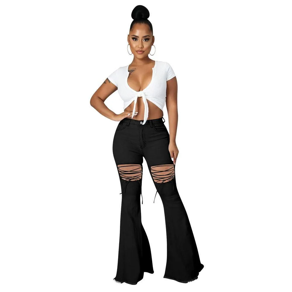 Solid Color Casual Wash Bandage Denim Flared Pants