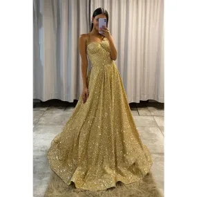Spaghetti Straps Gold Prom Dress Glitter