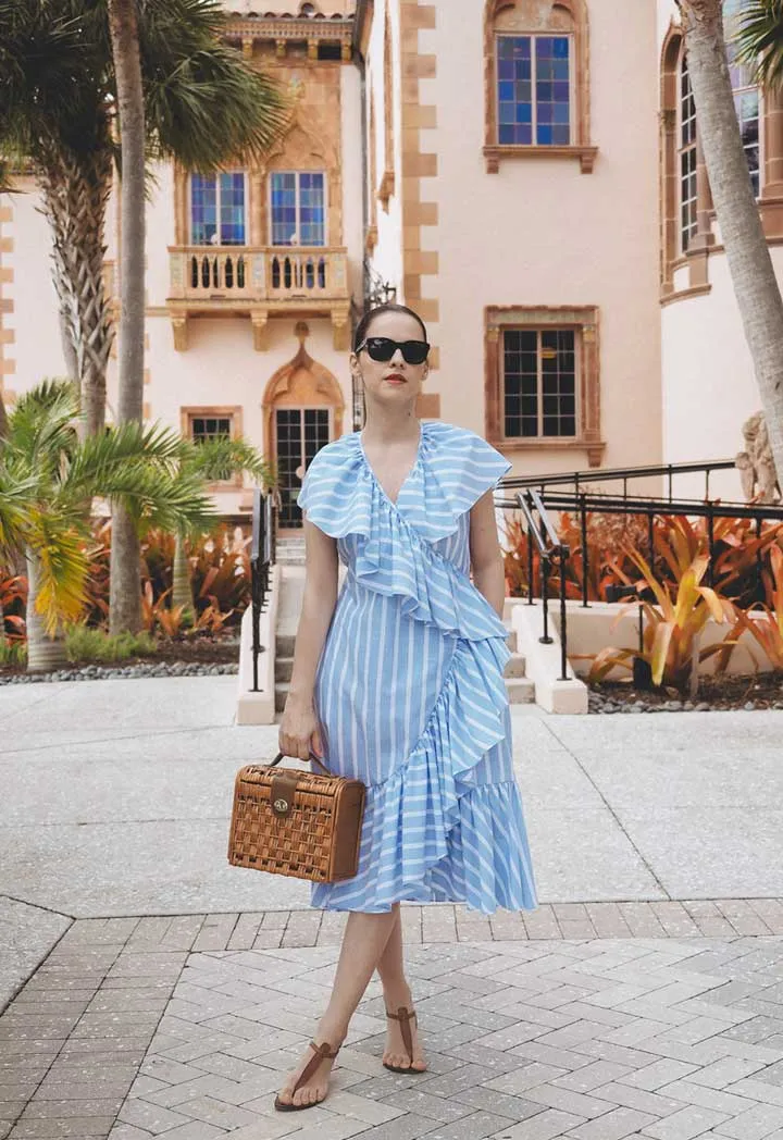 Striped Wrap Frilled Dress