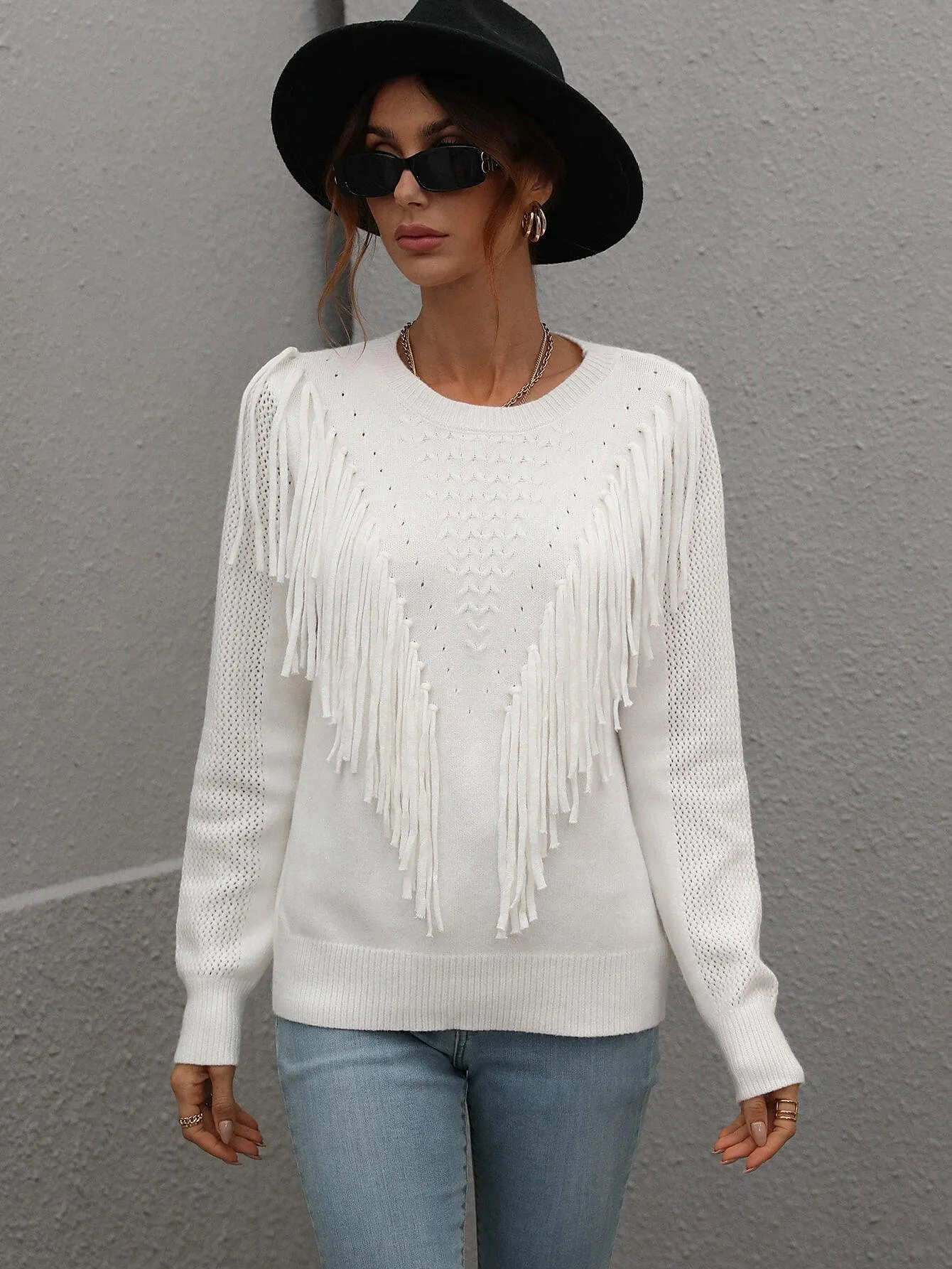 Swaying Long Sleeve Fringe Sweater