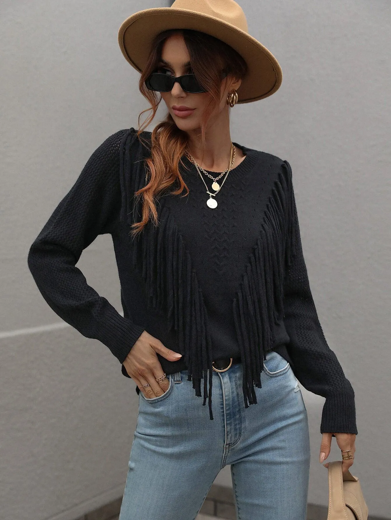 Swaying Long Sleeve Fringe Sweater