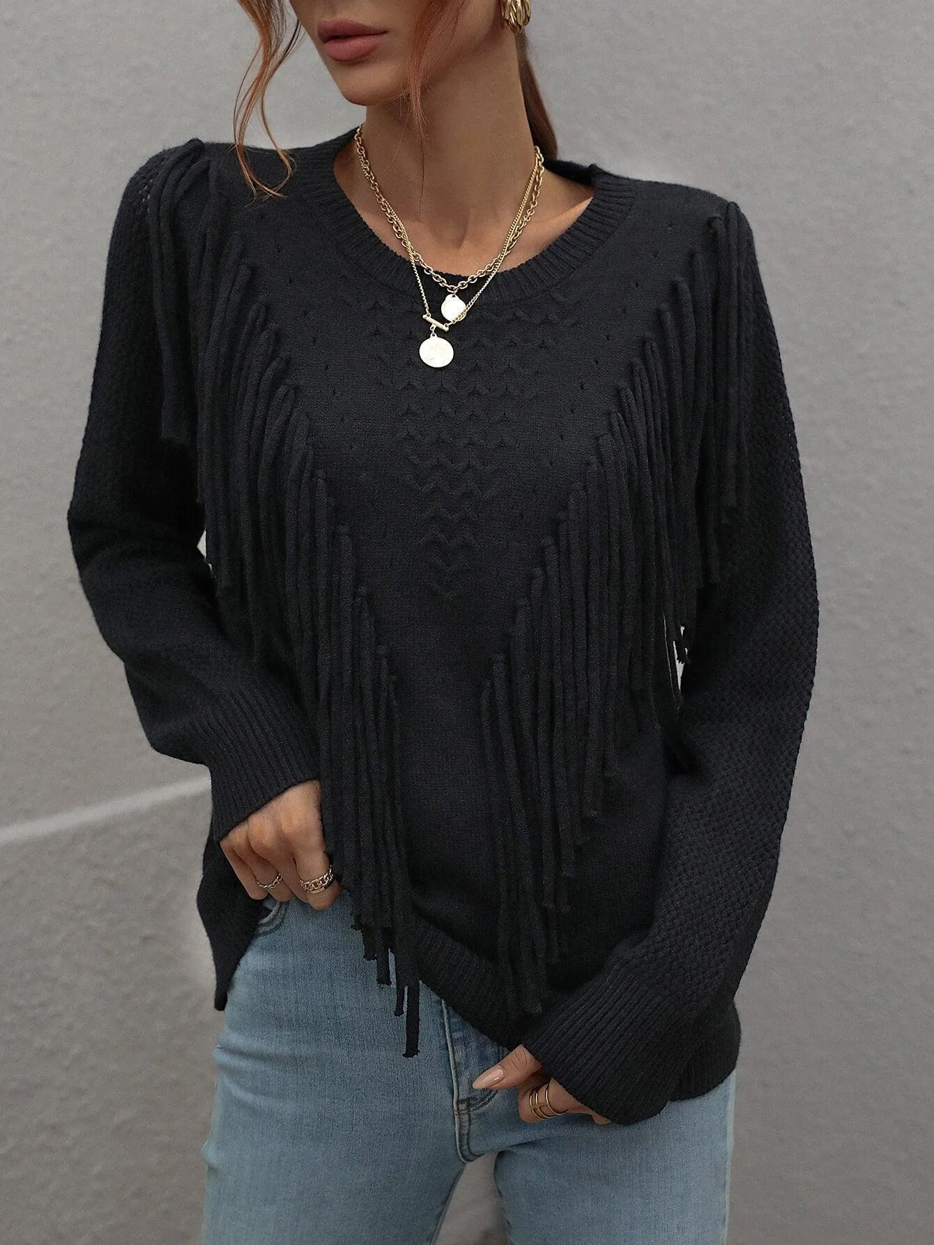 Swaying Long Sleeve Fringe Sweater