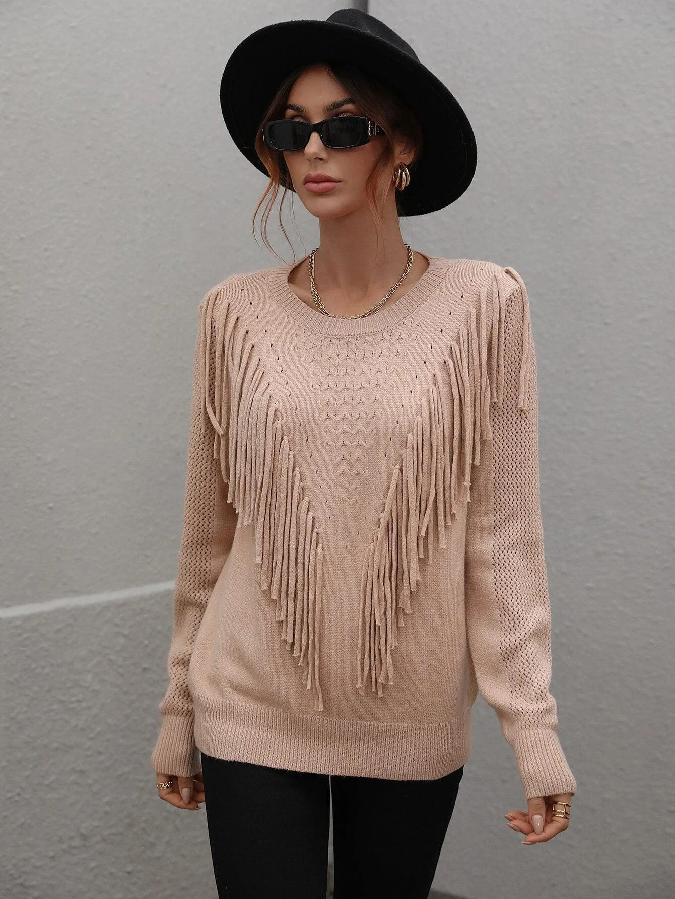 Swaying Long Sleeve Fringe Sweater