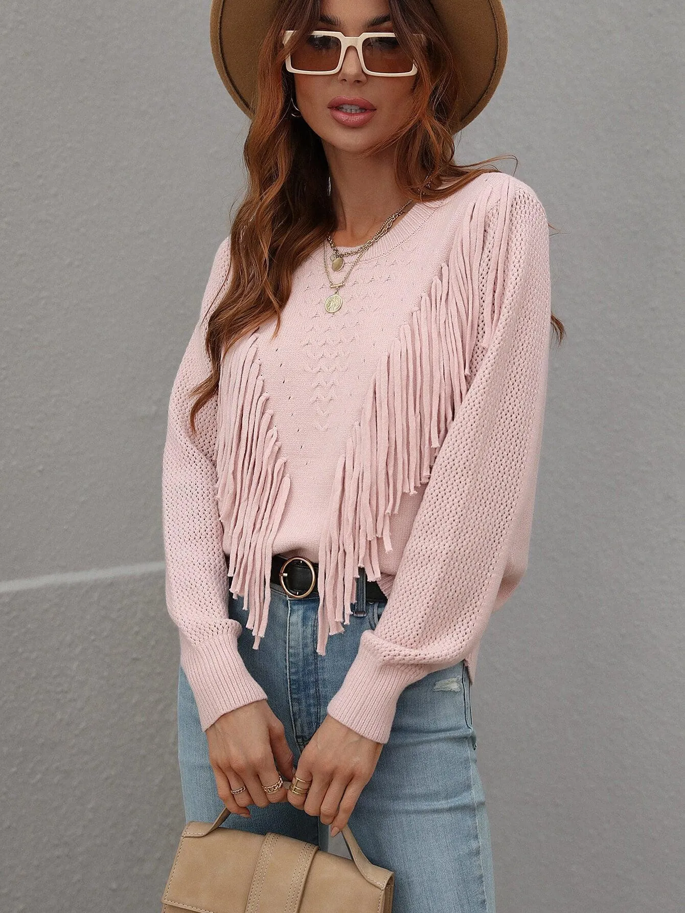 Swaying Long Sleeve Fringe Sweater