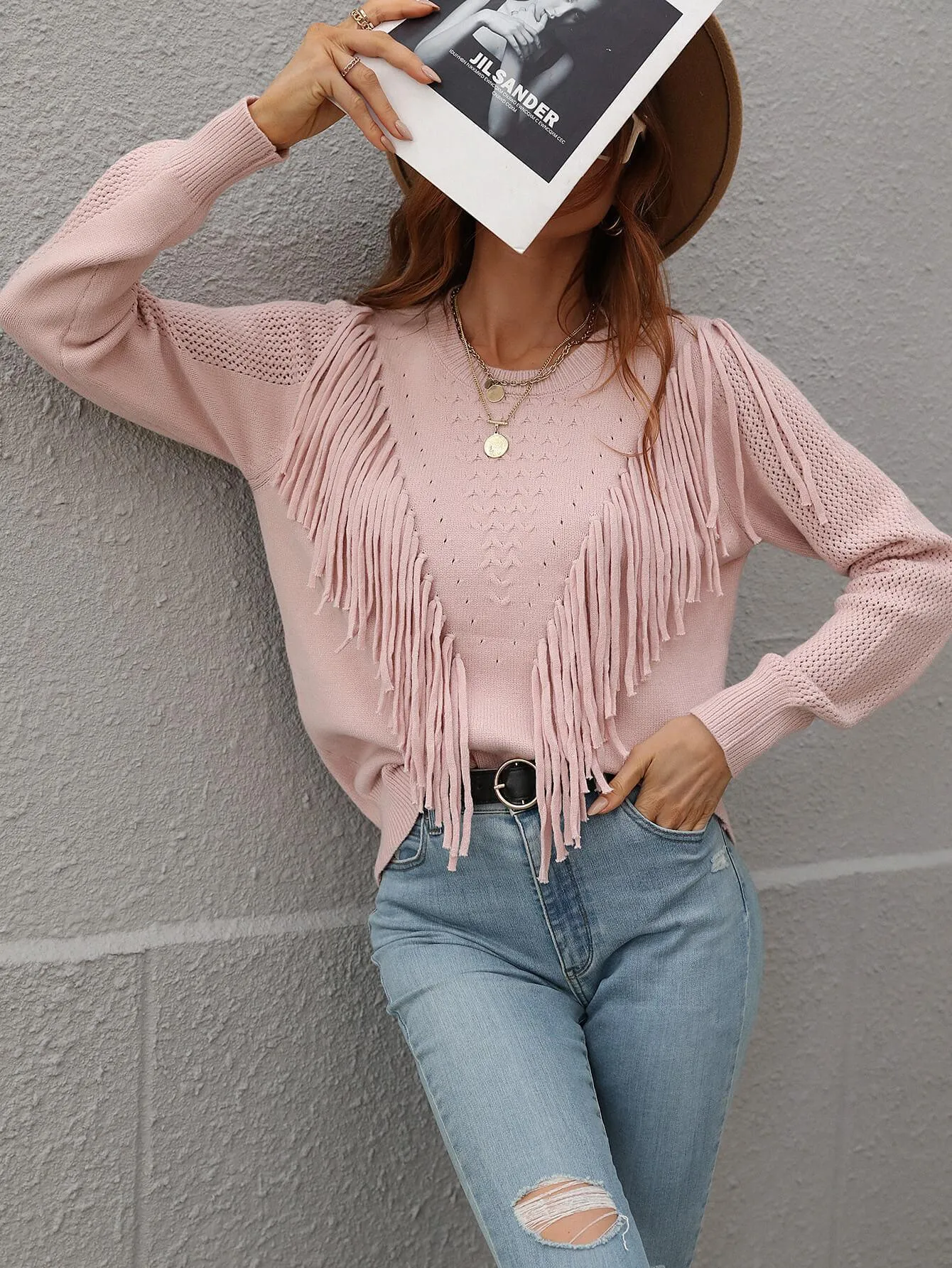 Swaying Long Sleeve Fringe Sweater