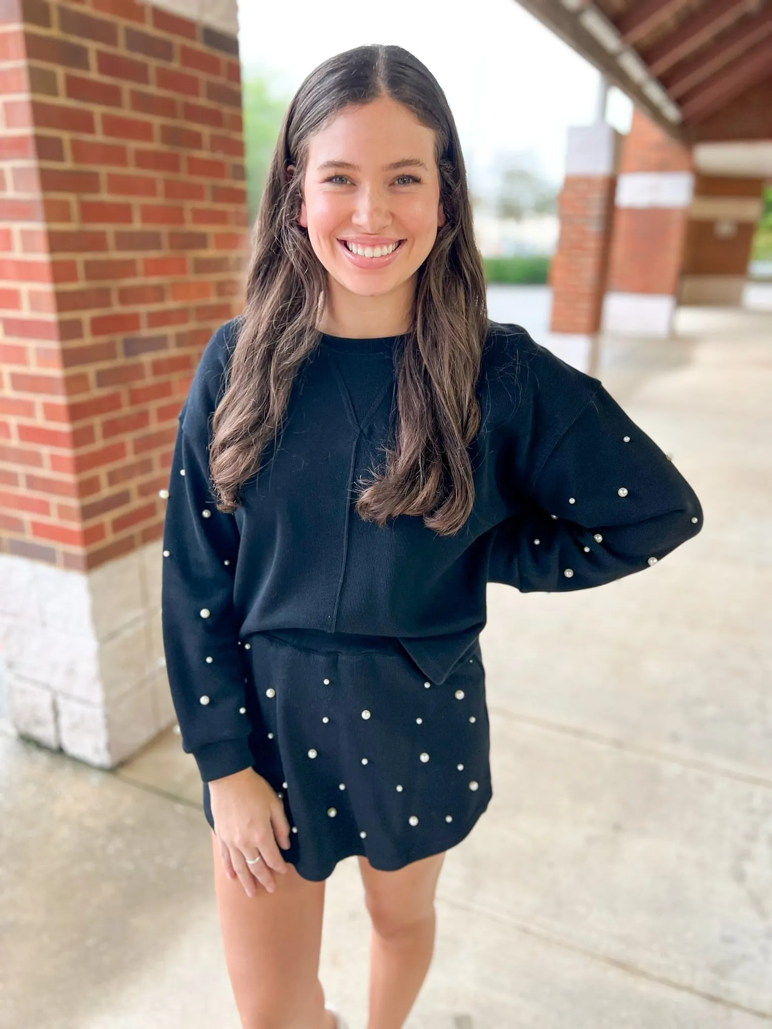 Talk To Me Black Knit Skort Set Pearl Embellishments