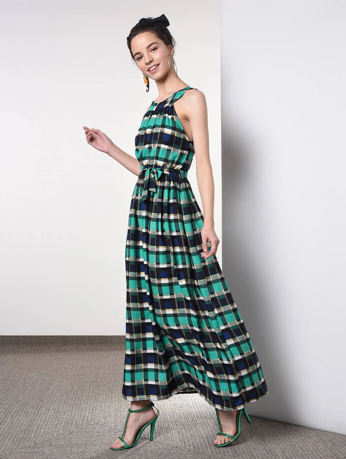 Tie front checkered maxi dress