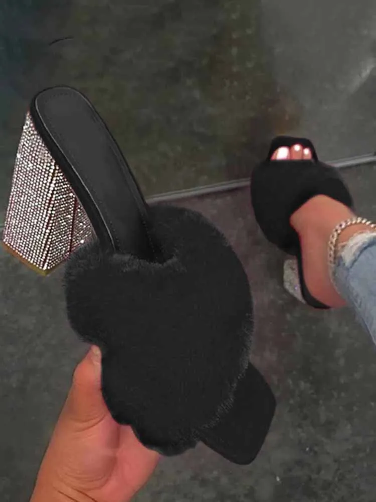Toleet Rhinestone Chunky Heel Furry Sandal