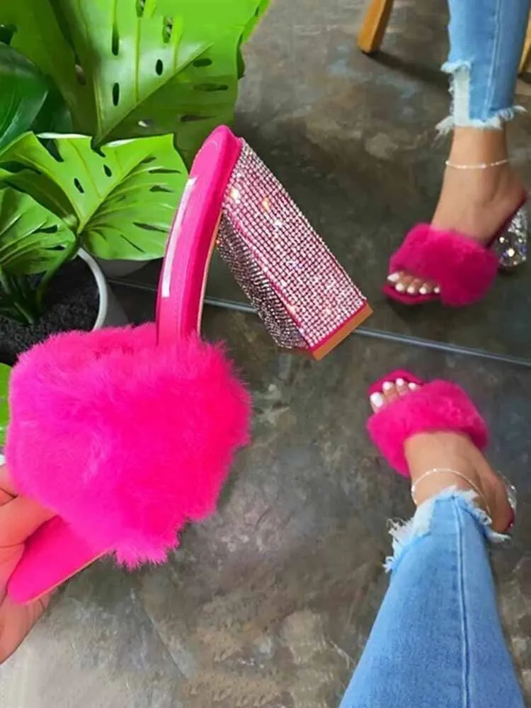 Toleet Rhinestone Chunky Heel Furry Sandal