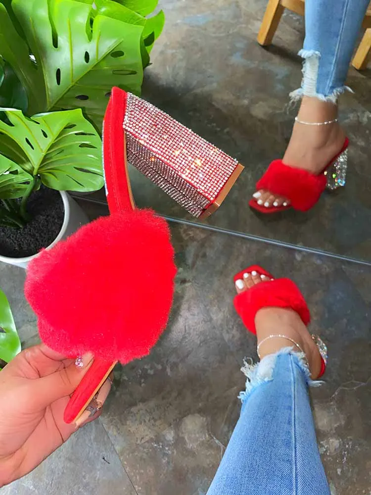 Toleet Rhinestone Chunky Heel Furry Sandal