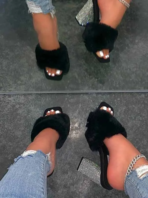 Toleet Rhinestone Chunky Heel Furry Sandal