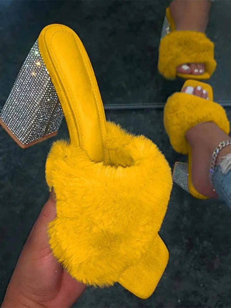 Toleet Rhinestone Chunky Heel Furry Sandal