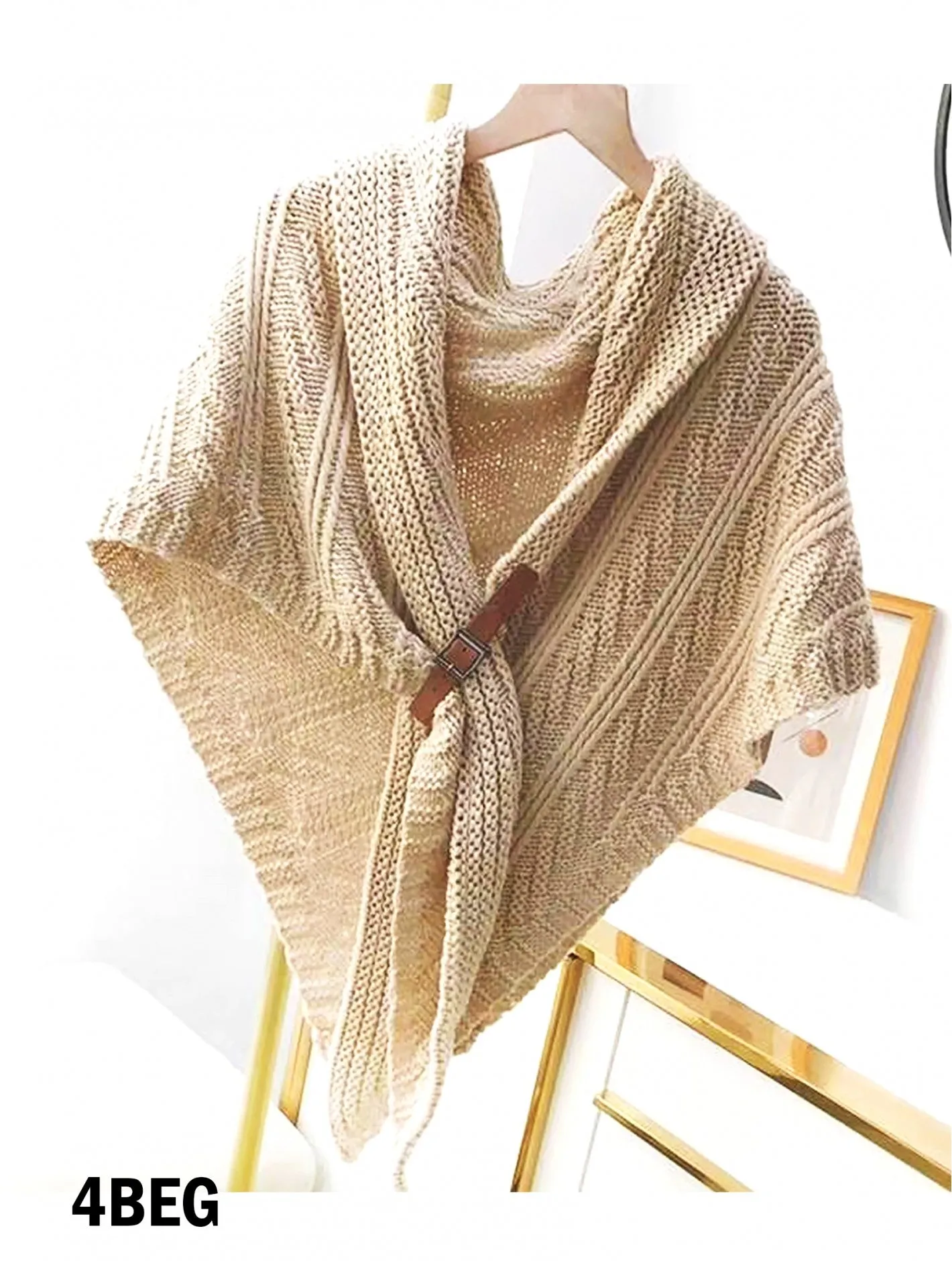 Triangular Knitted Scarf with Buckle