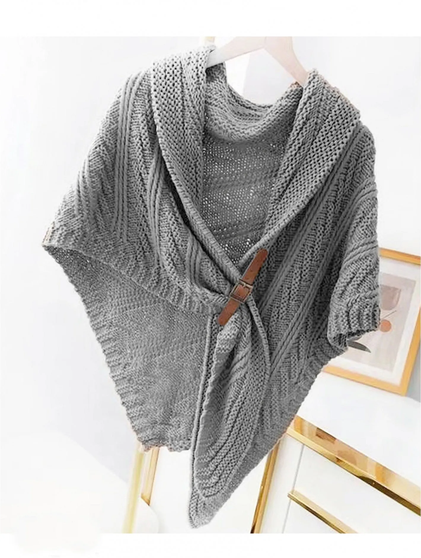 Triangular Knitted Scarf with Buckle