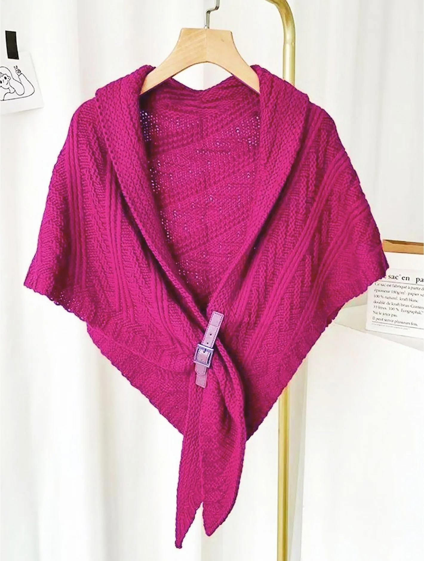 Triangular Knitted Scarf with Buckle