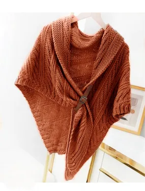 Triangular Knitted Scarf with Buckle
