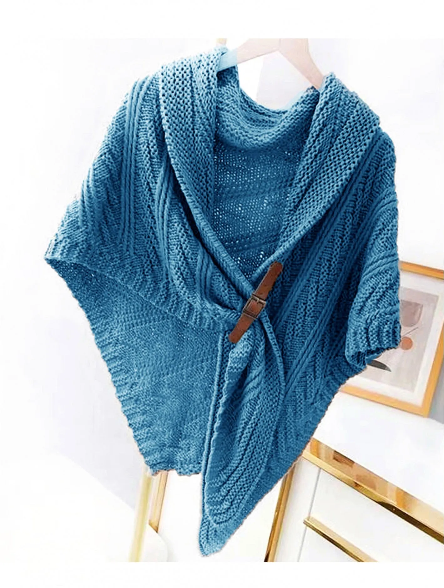Triangular Knitted Scarf with Buckle