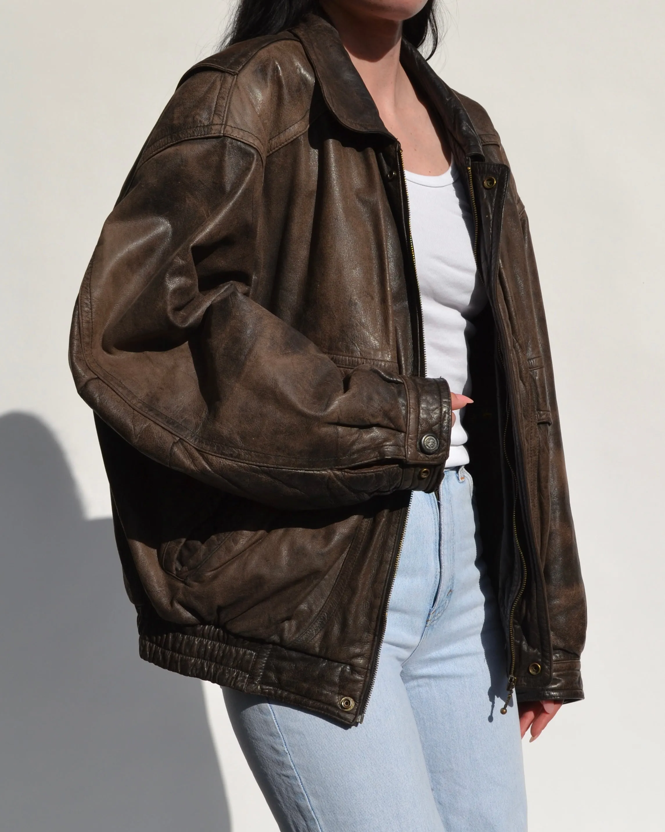 Vintage Distressed Leather Bomber Jacket