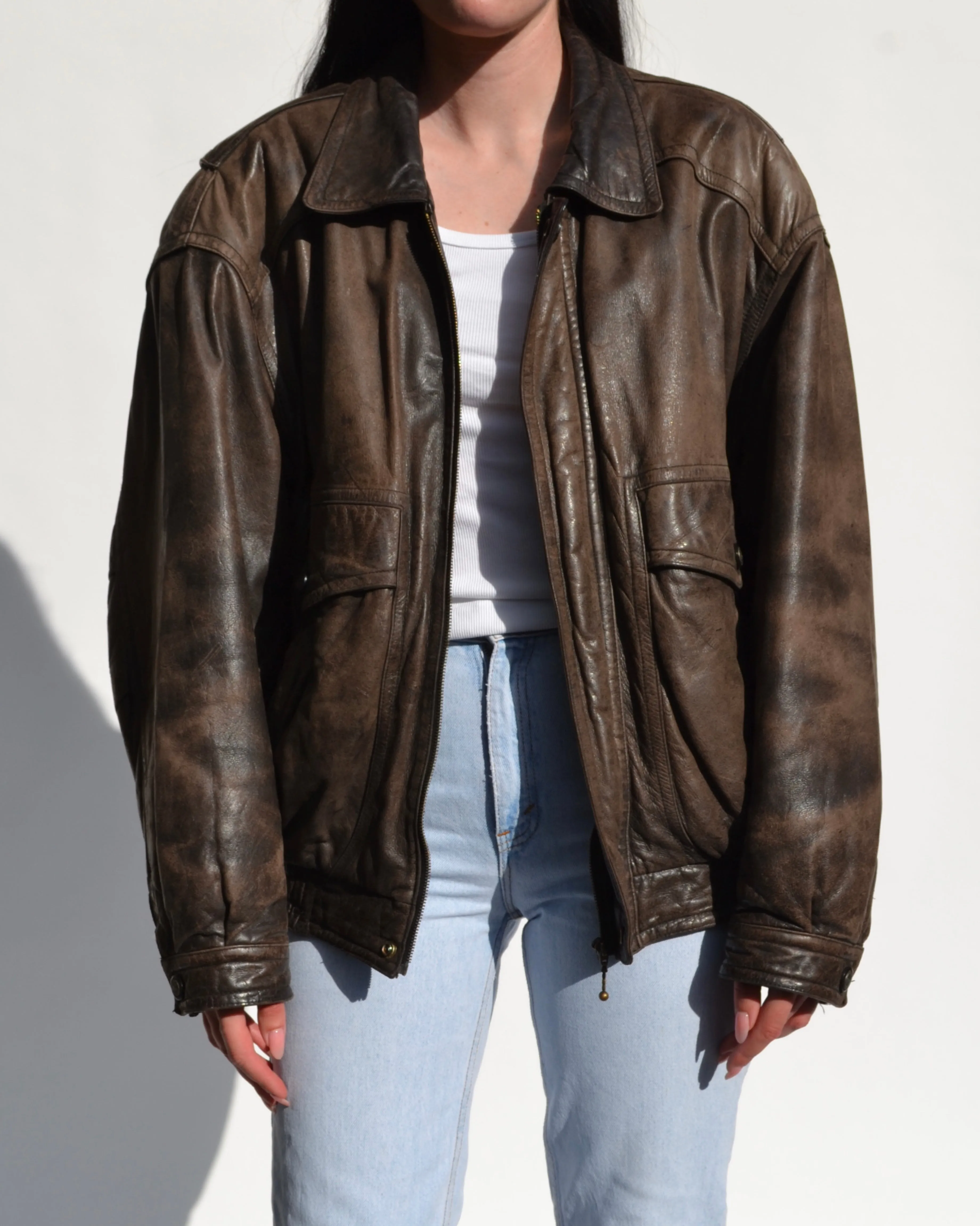 Vintage Distressed Leather Bomber Jacket