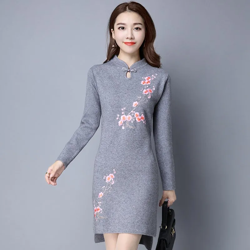 Wintersweet Embroidery Retro Cheongsam Bodycon Sweater Dress