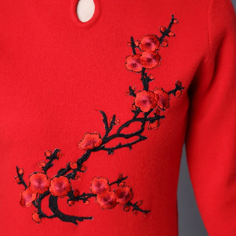 Wintersweet Embroidery Retro Cheongsam Bodycon Sweater Dress
