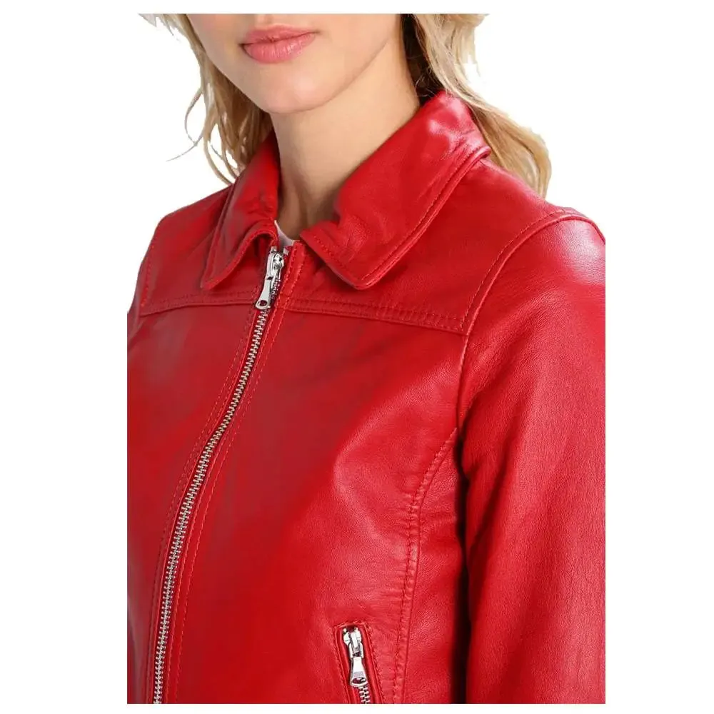WOMEN RED BOMBER MOTORCYCLE LAMBSKIN SLIM FIT JACKET