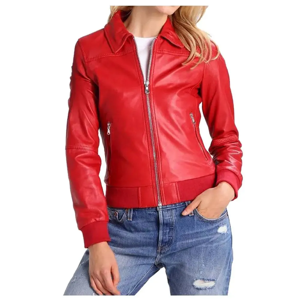 WOMEN RED BOMBER MOTORCYCLE LAMBSKIN SLIM FIT JACKET