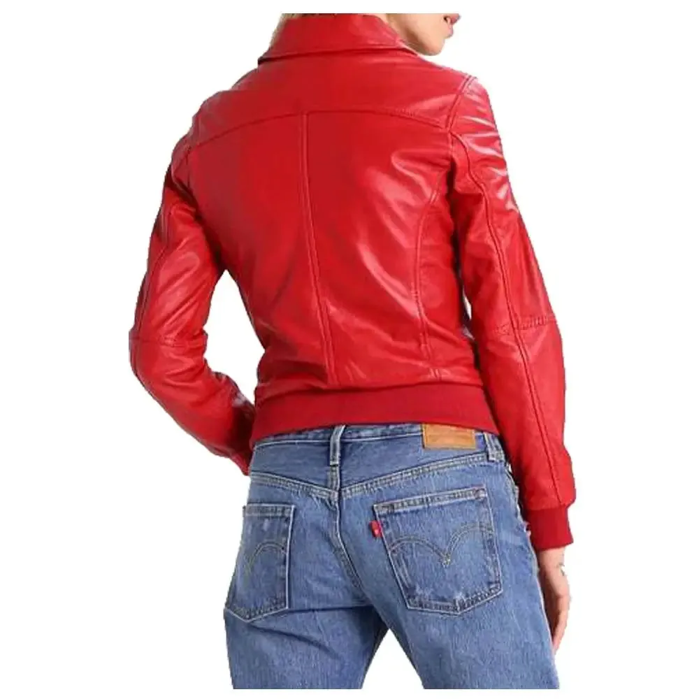 WOMEN RED BOMBER MOTORCYCLE LAMBSKIN SLIM FIT JACKET