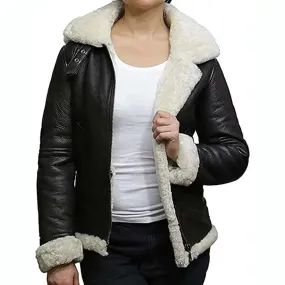 Women WW2 Aviator Pilot Shearling Black Leather Jacket
